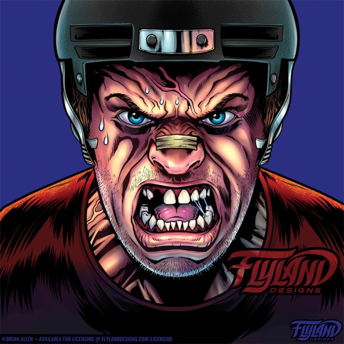 Angry Hockey player with blue eyes illustration by Brian Allen