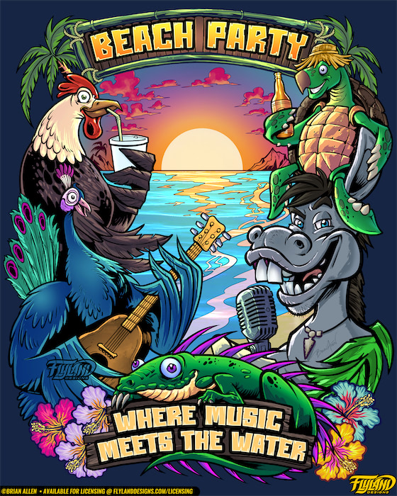 Animals on beach A rooster, teal peacock, donkey, turtle, and green lizard lounge on the beach during susnet. Illustration by Brian Allen