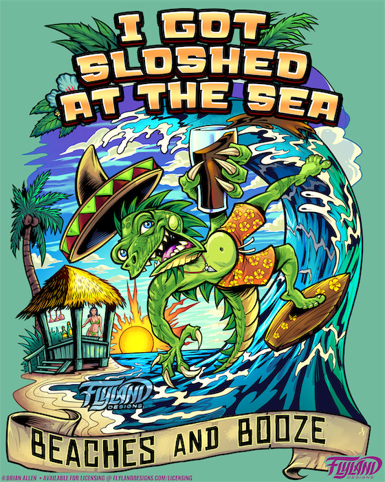 Surfing Lizard A green lizard wearing a sombrero and holding a beer while surfing at the beach. Illustration by Brian Allen