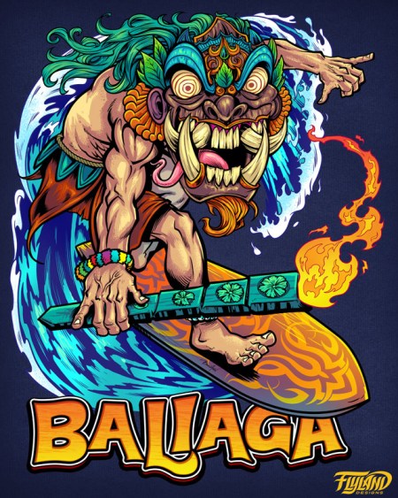 This T-shirt design that I created for Bali Rocks is of a Tiki guy surfing. The Character is based of “Barong” Bali’s Traditional figure.