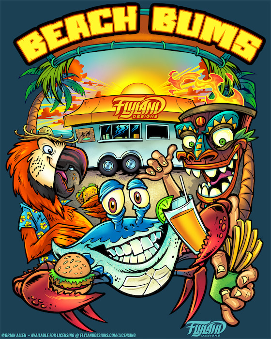 Beach Crab, Parrot, and Tiki at Foodtruck Blue crab, parrot, and tiki totem at a foodtruck illustartion drawn by Brian Allen
