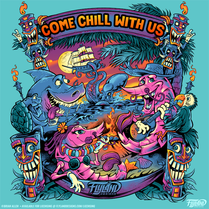 Beach Festival Aquatic animals including a turtle; shark; and two shrimps watch a kraken sink a ship. They are listening to music while the sun sets over the ocean. Illustration by Brian Allen.