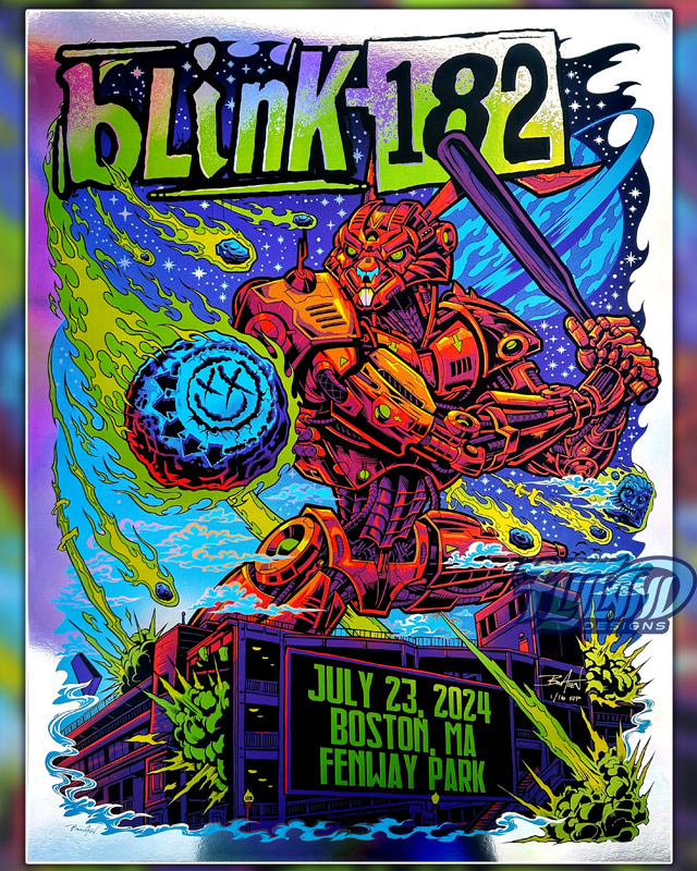 This gig poster is of a giant robot bunny saving Fenway Park from getting hit by an astroid. This gig poster is full of bright colors and the astroic has Blink 182's famous smilie face with X's for eyes on it.