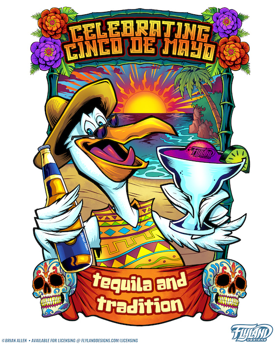 Cinco De Mayo Pelican at the Beach An illustration of a pelican celebrating Cinco De Mayo, on the beach, while drinking beer and margaritas.