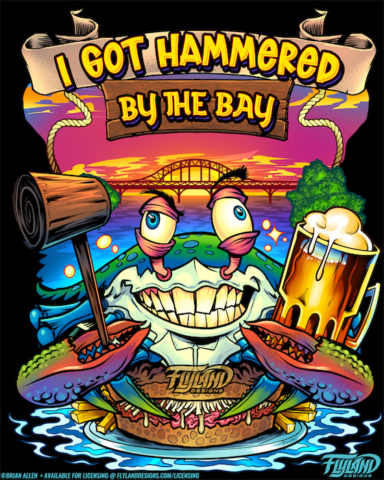 Crab with Beer and Mallet A green and blue crab floats on the bay holding a mallet and a beer, illustration by Brian Allen