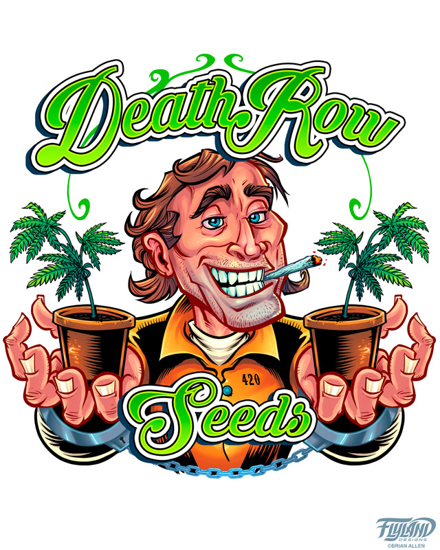 Seed-grower and packager Death Row Seeds hired me to illustrate this logo design for their website and packaging, of a friendly escaped convict proudly showing off his horticulture skills.