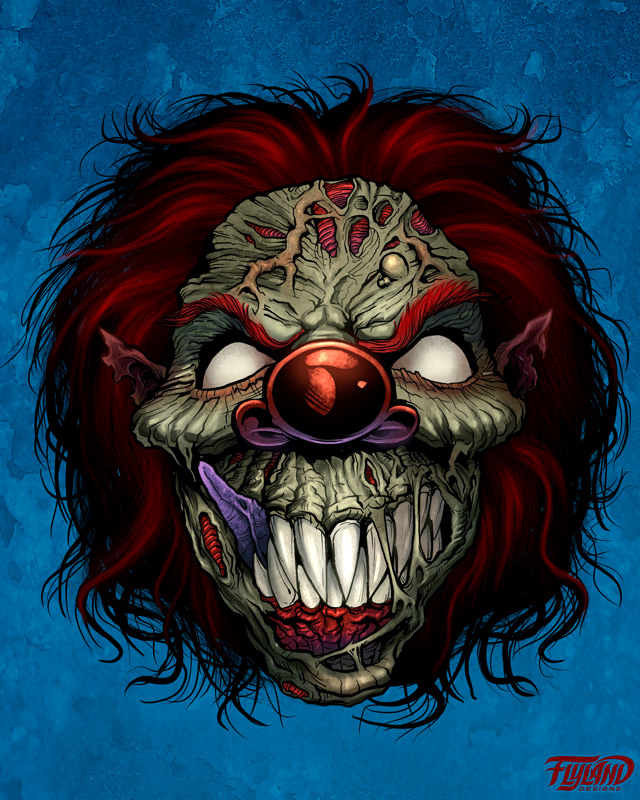 Comic book style illustration of an evil clown.  To see more of my work, or hire me for freelance projects, please visit my website:  www.flylanddesigns.com