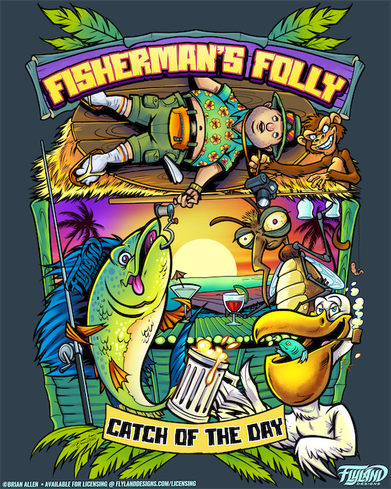 Fishing Pier Characters A fisherman looses his gear to the local wildlife, illustration by Brian Allen