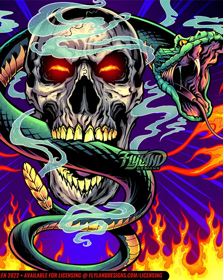 Skull with snake in its mouth surrounded by fire