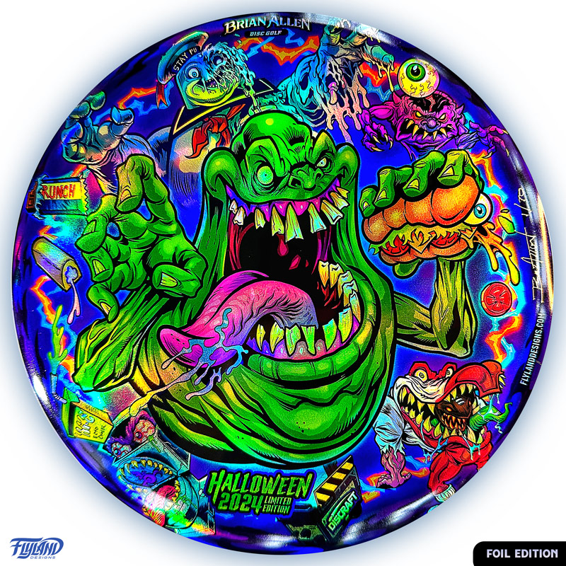 Tribute illustration of Slimer, StayPuft Marshmallow Man, and other ghosts from the Ghostbusters cartoon printed on a Disc Golf Disc