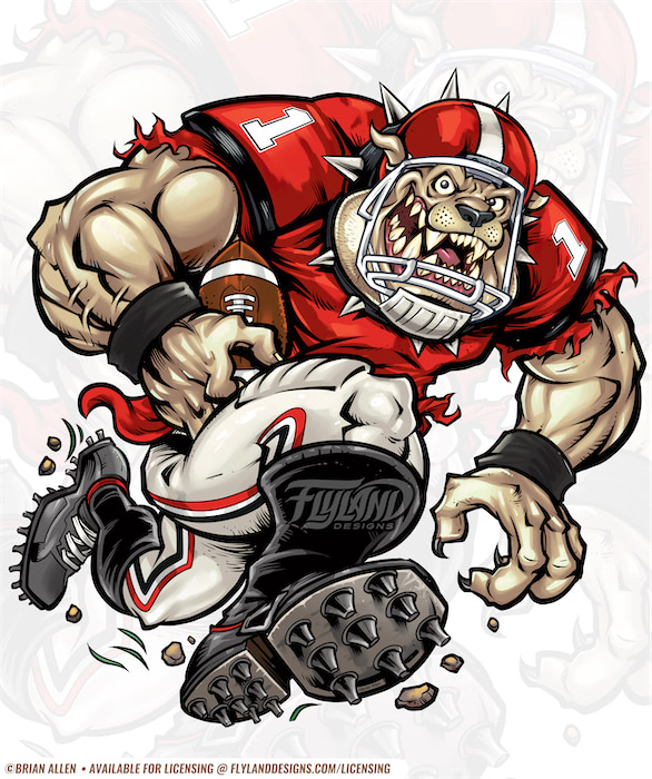 Red Team Football Bulldog Artwork by Brian Allen Red Team Football Bulldog  Running Holding Football Artwork by freelance illustrator Brian Allen