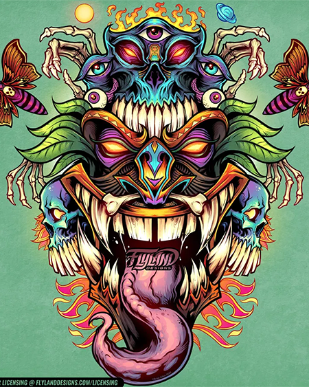 Psychedelic Tiki head with tongue out