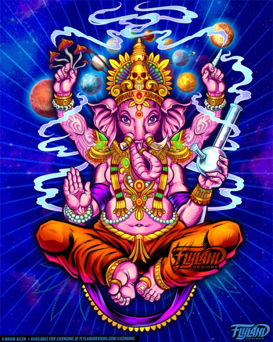 The pink elephant-headed god, Ganesh, smokes from a bong while meditating in space, illustration by Brian Allen