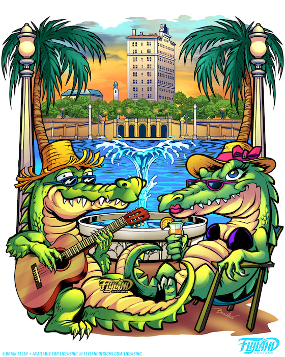 Gators in Southern Florida Two gators lounge by the ocean. One plays guitar while the other sips her drink.