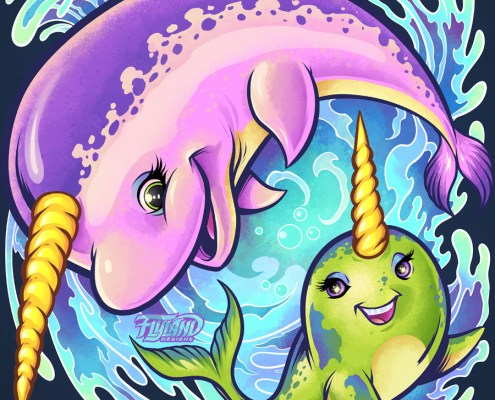cute caroon narwhal whale family