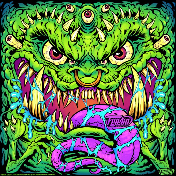 A green demon with lots of eyes and teeth, illustration by Brian Allen