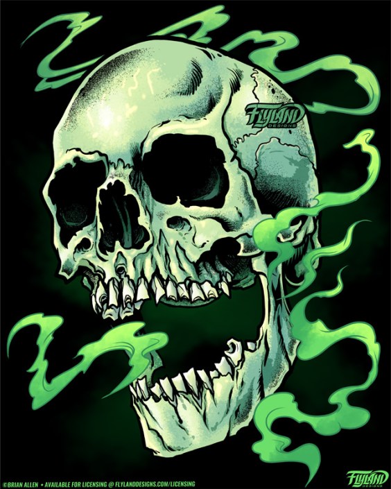 A human skull is surrounded by green smoke, illustration by Brian Allen