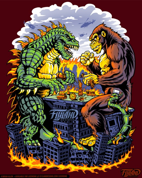 Giant ape and giant lizard play a board game on the roof of a crumbling building, illustration by Brian Allen