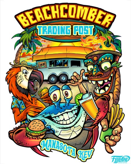 Beachcomber Trading Post had two T-shirt designs. Both beach apparel designs have Tiki guys and red parrots and a crab.