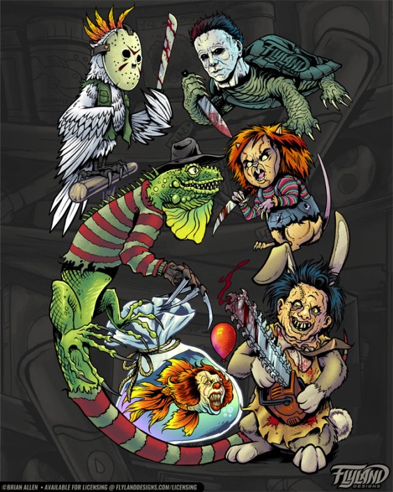 Iconic horror characters are reimagined as animals at a pet shop, illustration by Brian Allen