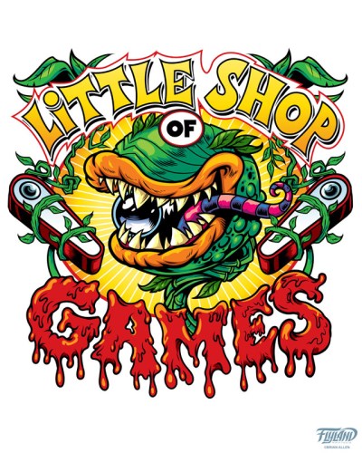 A logo design that I created for Little Shop of Games featuring a killer plant and pin ball flippers.