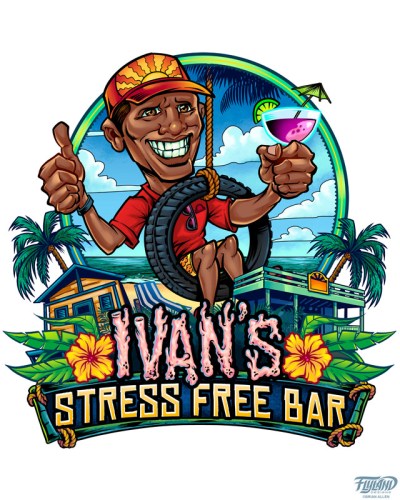 Logo design I created for a beach bar resort in the Caribbean featuring a caricature of the resort’s owner, Ivan.