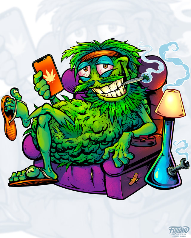 A Marijuana Bud Couch Character Smoking Artwork by Artist Brian Allen of FlyLandDesigns.com