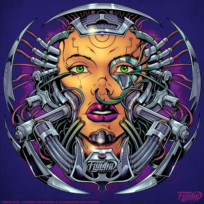 A feminine cyborg with a mechanical face is connected by wires. Illustration by Brian Allen