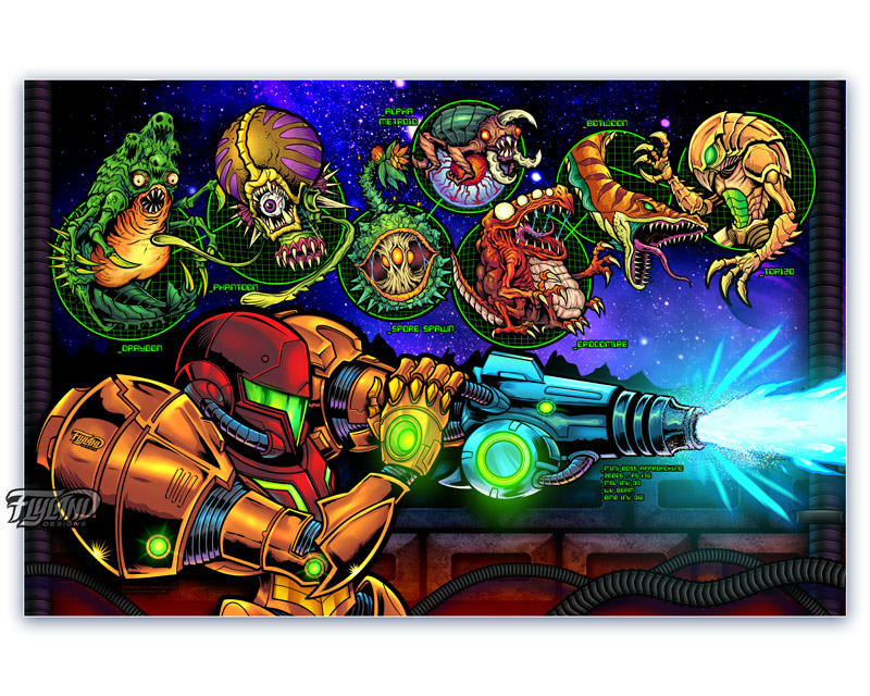 A full color illustration of Samus and the Metroid mini bosses.