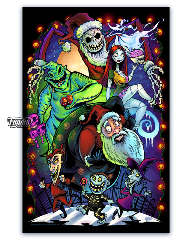 A full color illustration of the charactyers from the movie: A Nightmare Before Christmas including T Jack Skelington, Oogie Boogie Man, Santa, Sally, Lock, Stock, and Barrel.