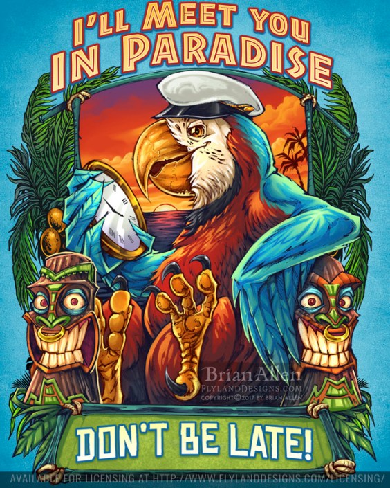 Parrot and Tiki illuistration of a lounging, smo
