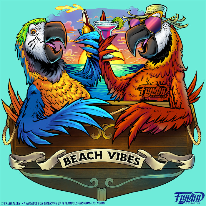 Parrots drinking at Sunset A red and blue parrot share a drink in a boat at sunset, illustration by Brian Allen
