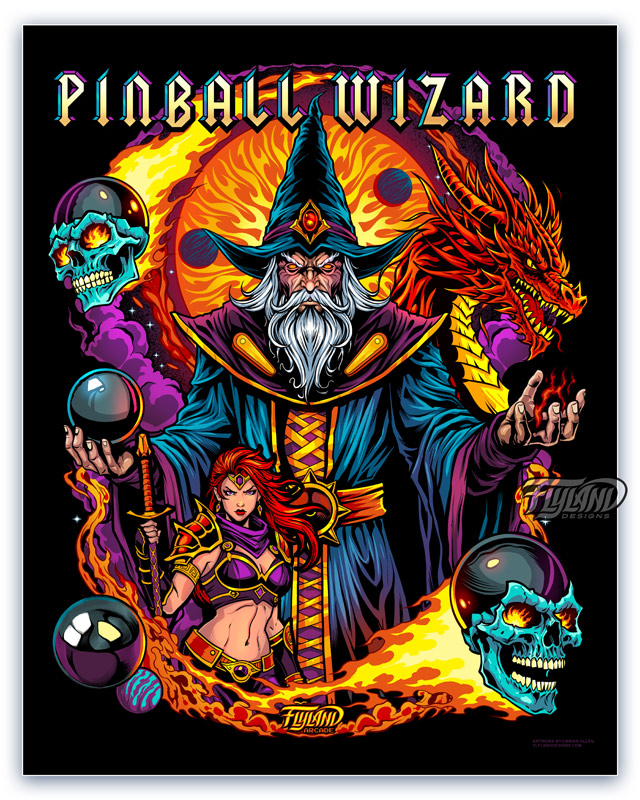A full color illustration of a pinball wizard, a dragon, a female fighter, flames, skulls, and pinballs.