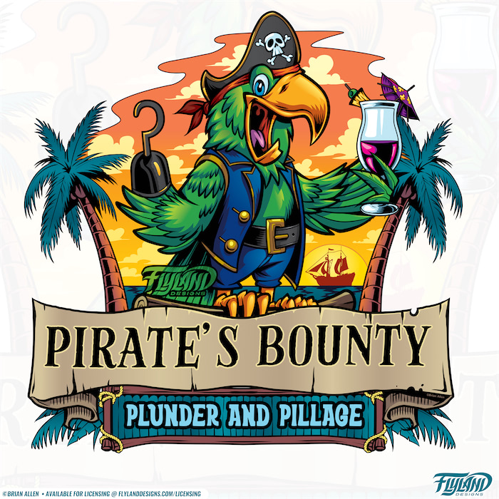 Pirate Parrot A green parrot dressed a pirate enjoys a drink while the sun sets. The text reads "Pirate's Bay Beach, Bar, and Grill". Illustration by Brian Allen.