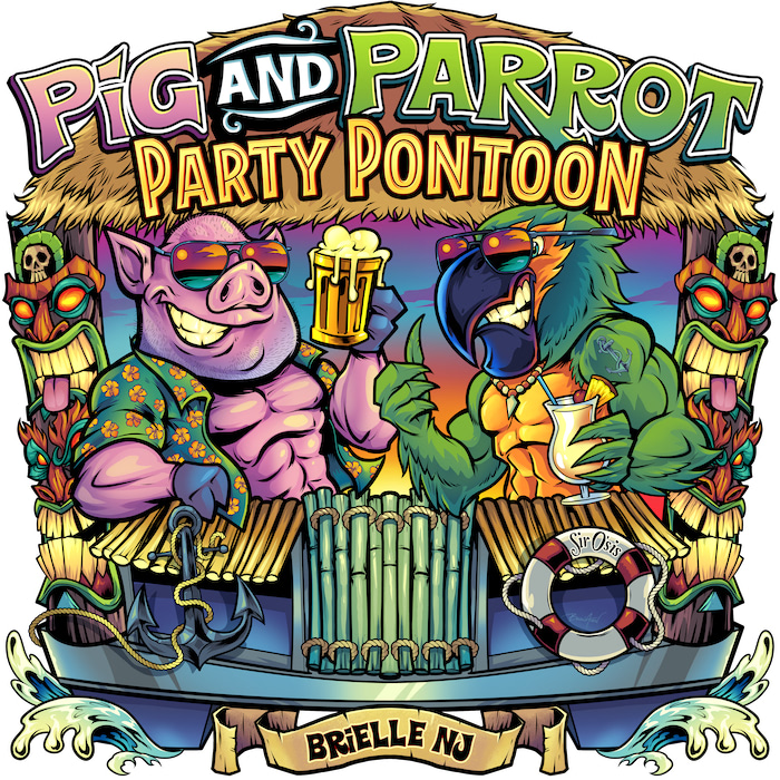 Pontoon Boat Beach Animal A muscular green parrot and pink pig drink alcohol on a pontoon boat.