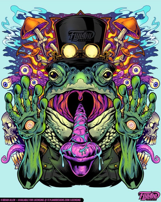 Psychedelic Frog A psychedelic frog in a top hat prepares to eat a fly, illustration by Brian Allen