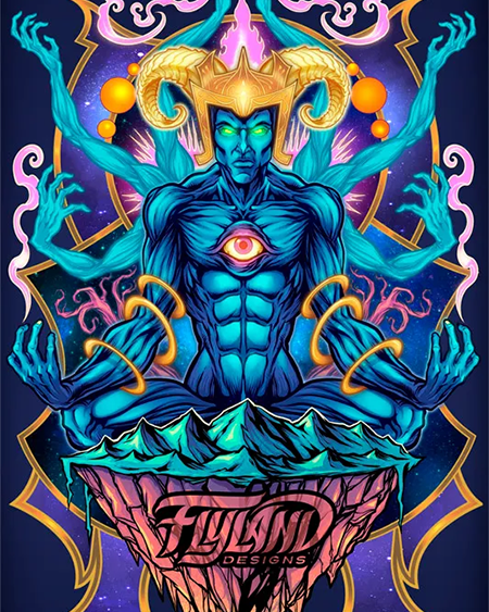 Psychedelic and colorful god meditating