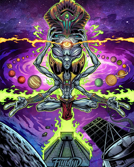 Three eyed Psychedelic Alien in space around plants
