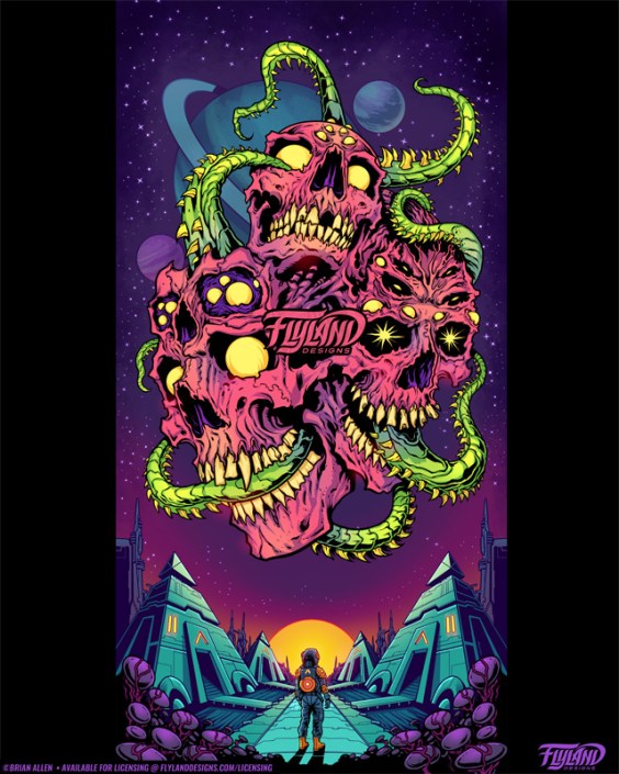 Three pink skulls are infested by green tentacles in space above some pyramids, illustration by Brian Allen