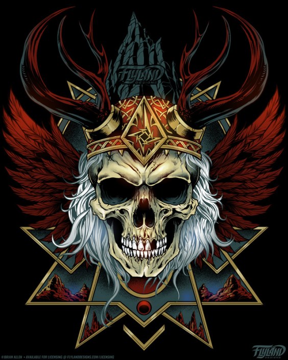 A human skull wearing a helmet with antlers has white hair and red feathered wings. Illustration by Brian Allen.
