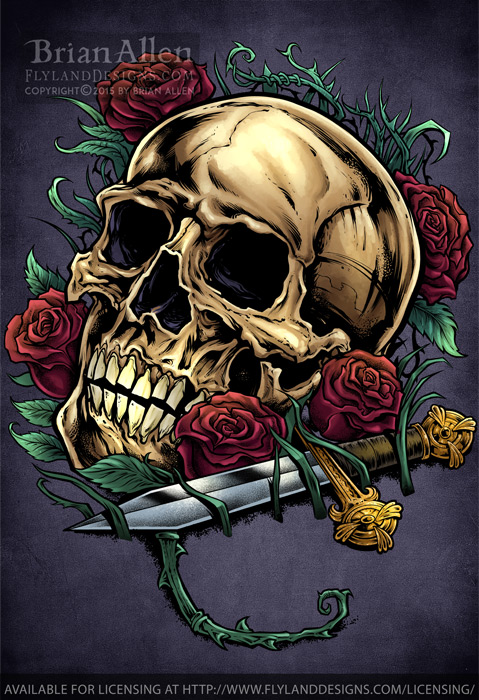 Skull, Rose, and Dagger Illustration of a Skull, Rose, a