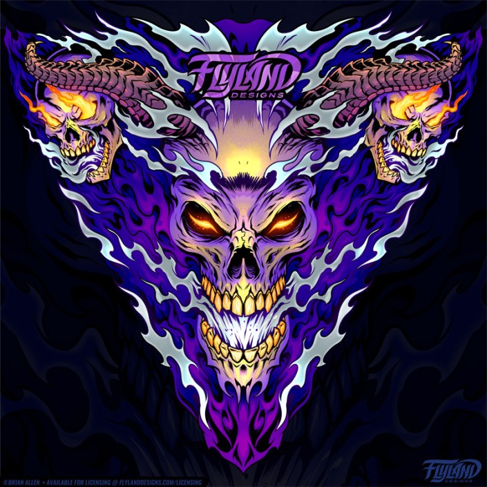 A purple skull with horns is breathing fire. Illustration by Brian Allen.