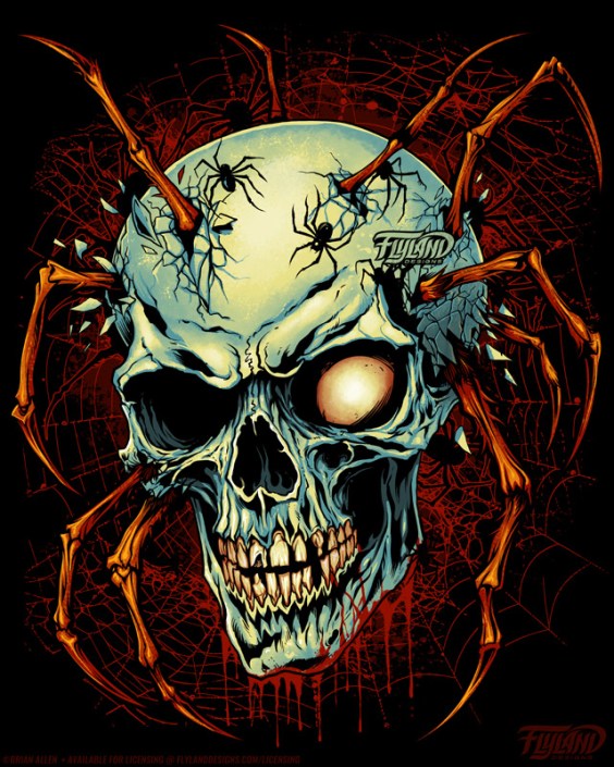 A skull with spider legs coming out of it has spiders crawling all over it. Illustration by Brian Allen