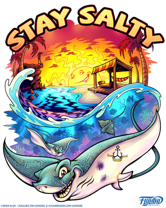 Stingray at the Beach A stingray with an anchor tattoo swims in the ocean by the beach while the sun sets, illustration by Brian Allen