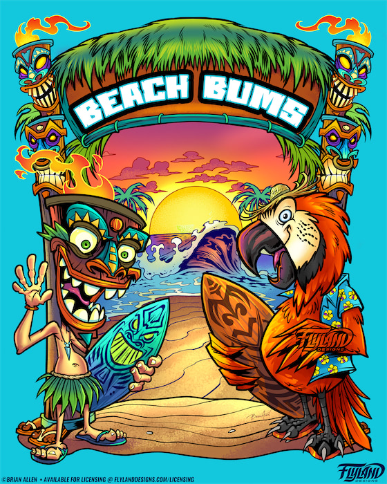 Tiki and Parrot Trading Post A Tiki man in a hula skirt and a red parrot in a Hawaiin shirt carrying surfboards. They are standing on the beach at a trading post. The text reads "Beachcomber Trading Post" and "Manasota Key". Illustration by Brian Allen.