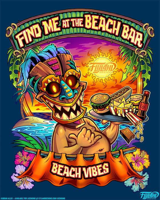 Tiki Man with Burger and Fries A Tiki man halds a burger and fries on a platter. He is on the beach at sunset. The text reads "A Nibble and a Bite" and "Virginia Beach, VA". Illustration by Brian Allen