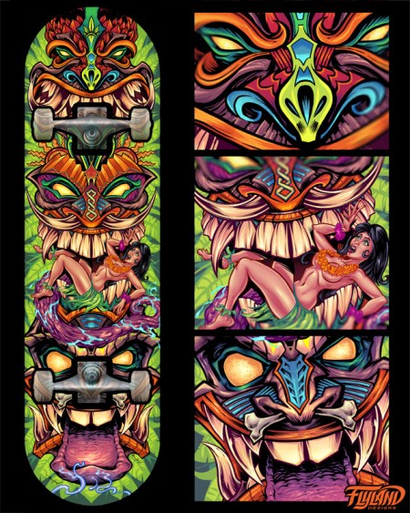 Tiki Totem Skateboard. Artwork by Artist Brian Allen of FlyLandDesigns.comfigure.