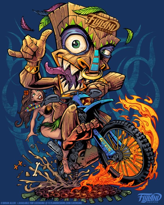 A Tiki and a Hula girl ride a blue motorcyle through a bonfire. Illustration by Brian Allen