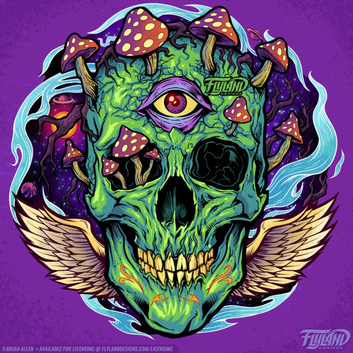 Colorful skull with wings and mushrooms