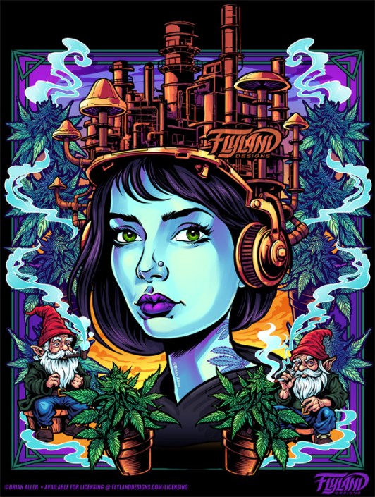 A woman with blue skin wear an industrial plant on her head. She is surrounded by gnomes with red caps and green cannabis leaves. Illustration by Brian Allen